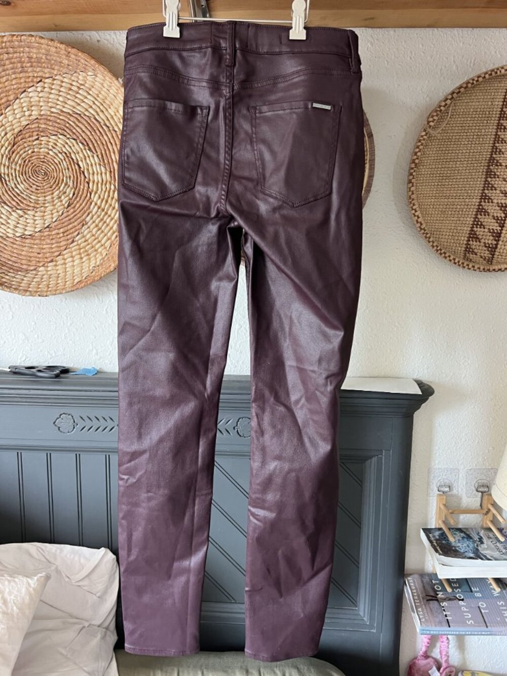 White House Black Market EDGY High-Rise Coated Skinny Jeans Burgundy Wine Biker - Picture 2 of 7